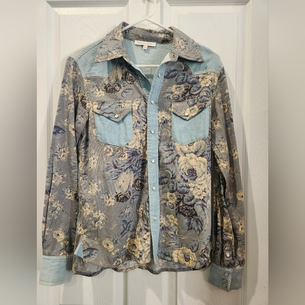 button down floral denim shirt